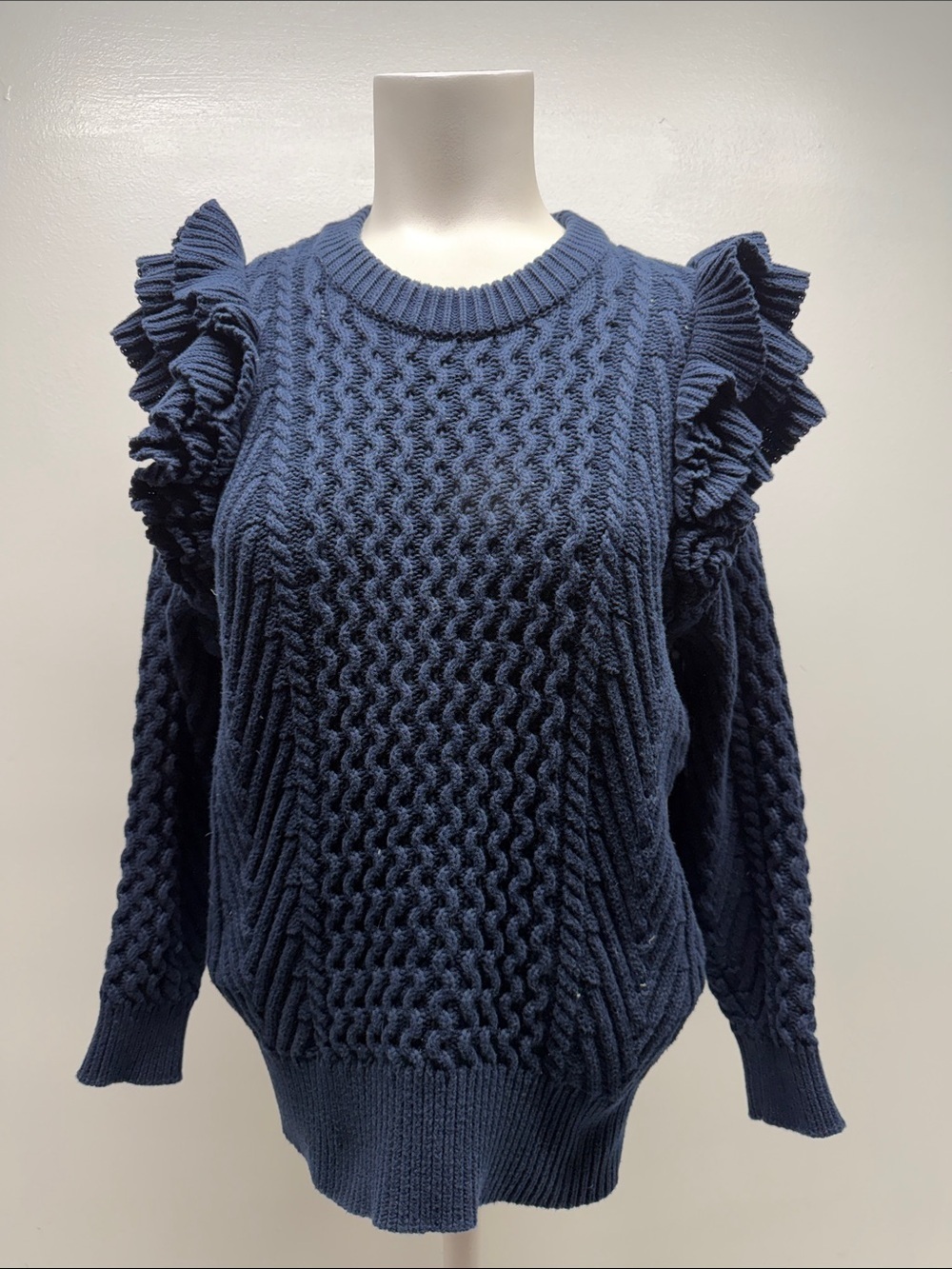 DemyLee X Clare V Sweater Cotton Knit Jumper Textured Ribbed Ruffled Blue Small